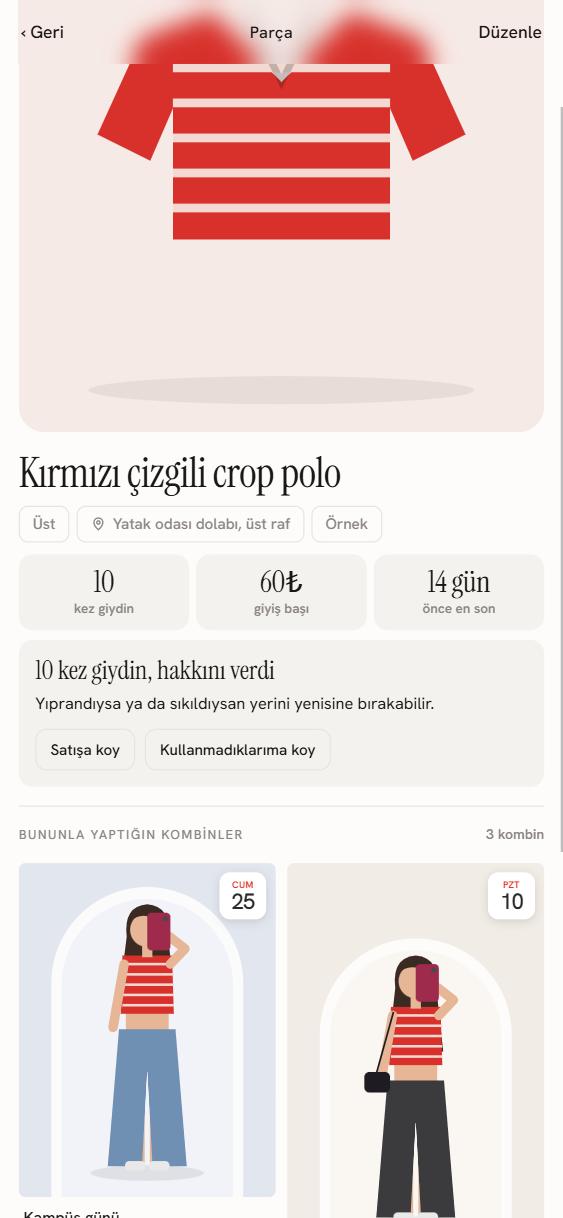 Parça ekranı: 10 kez giyildi, giyiş başı 60 lira, satışa koy önerisi